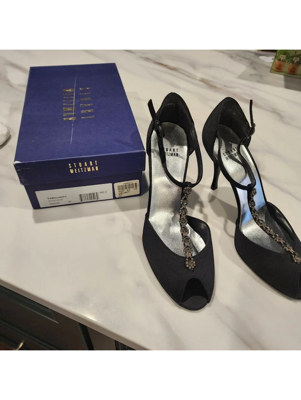New Stuart Weitzman Fabulosity Black Satin Crystal T-Strap Heels Size 9